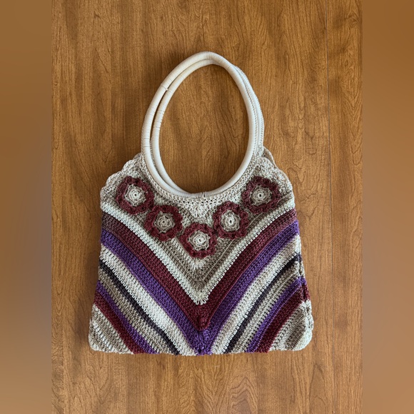 Vintage Crochet Floral Boho Shoulder Bag 70s Style Knit Purse Hippie Tote - Picture 10 of 13